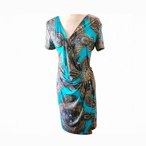 Turquoise, Tan, Black Paisly Faux Wrap Short Sleeve Midi V Neck L/XL